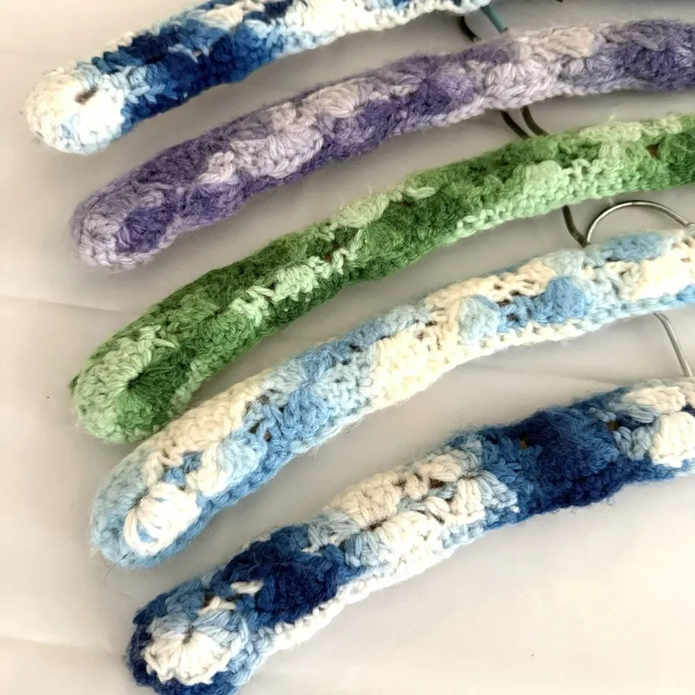 Vtg LOT OF 5 Crocheted Wooden Yarn Covered Clothes Hangers Multi Colored Granny